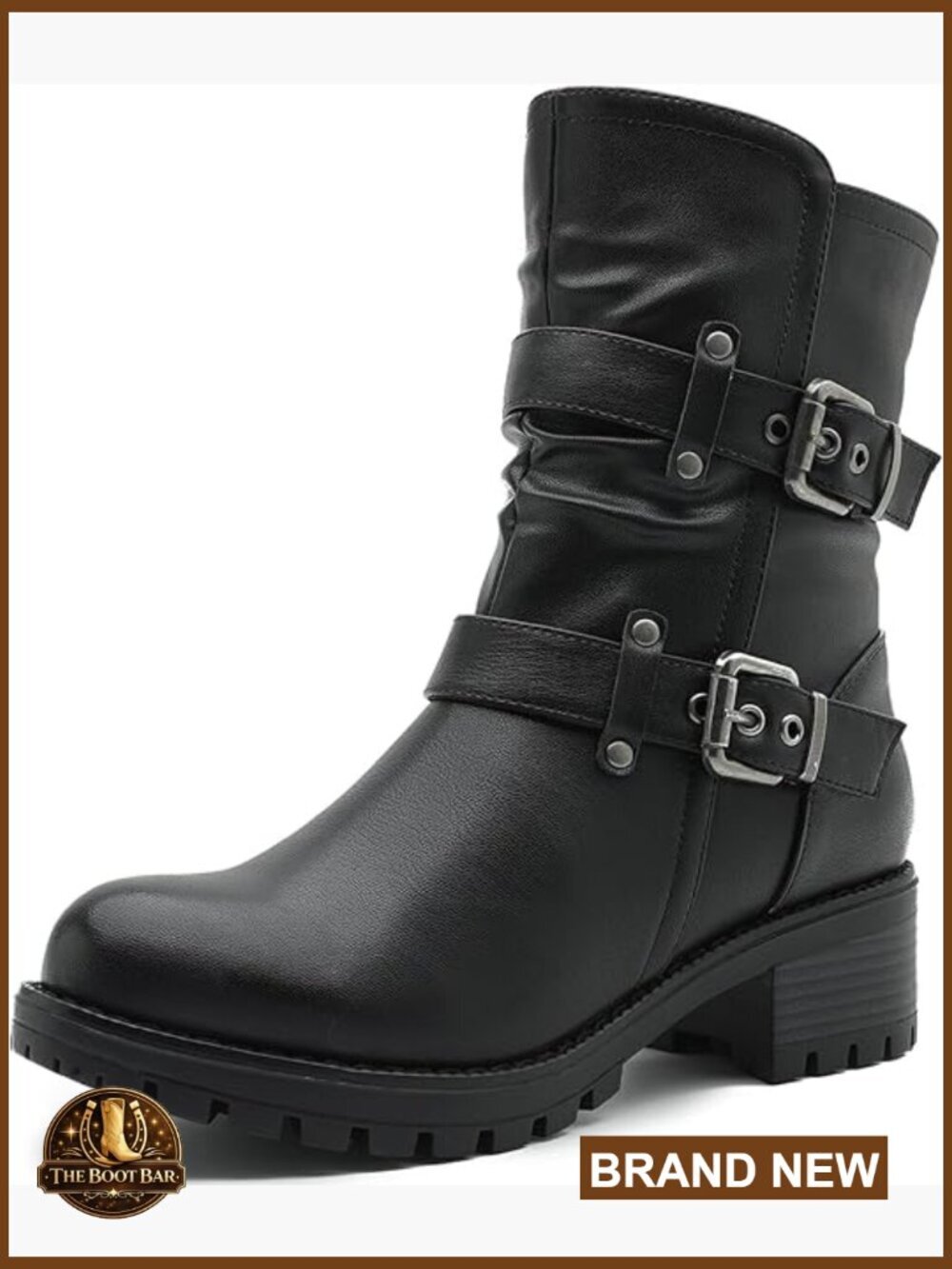 Biker Ankle Booties with Zip Closure and Block Heel - Faux Leather